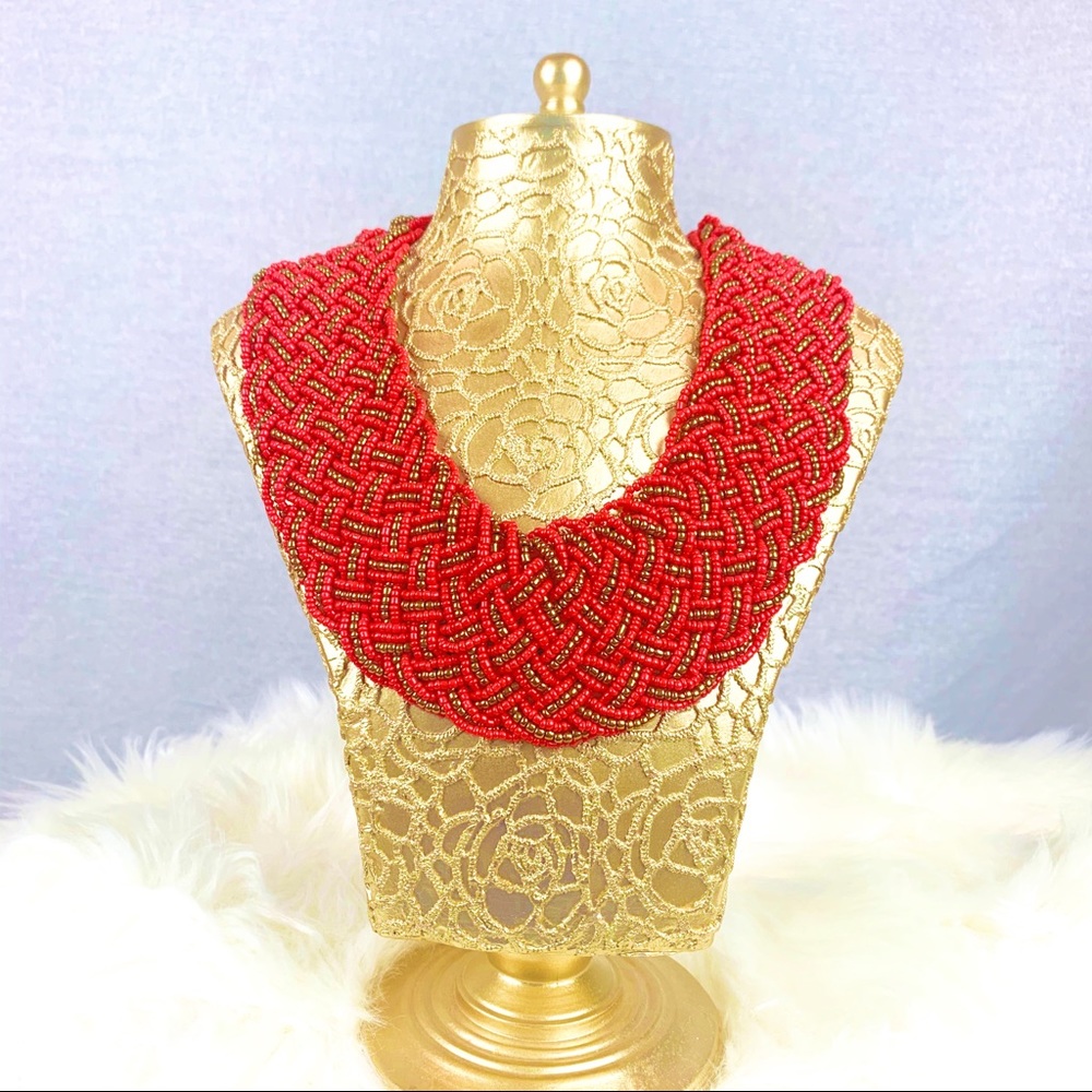 African Intricate Orange and Gold Beaded Necklace